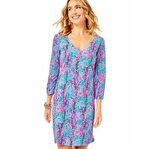 Lilly Pulitzer Tessa 3/4 Sleeve V-Neck Mini Dress Floral Printed Cotton L 286075
